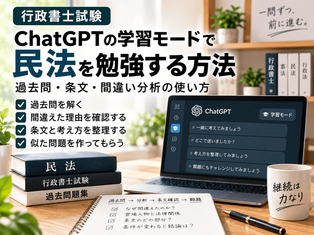 ChatGPTの学習モードで行政書士の民法を勉強する方法｜過去問・条文・間違い分析の使い方