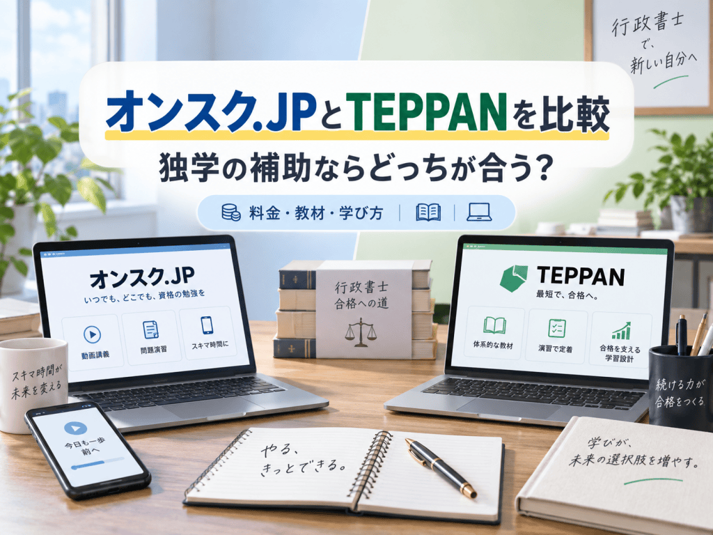 オンスク.JPと行政書士TEPPAN通信講座を比較｜独学の補助ならどっちが合う？
